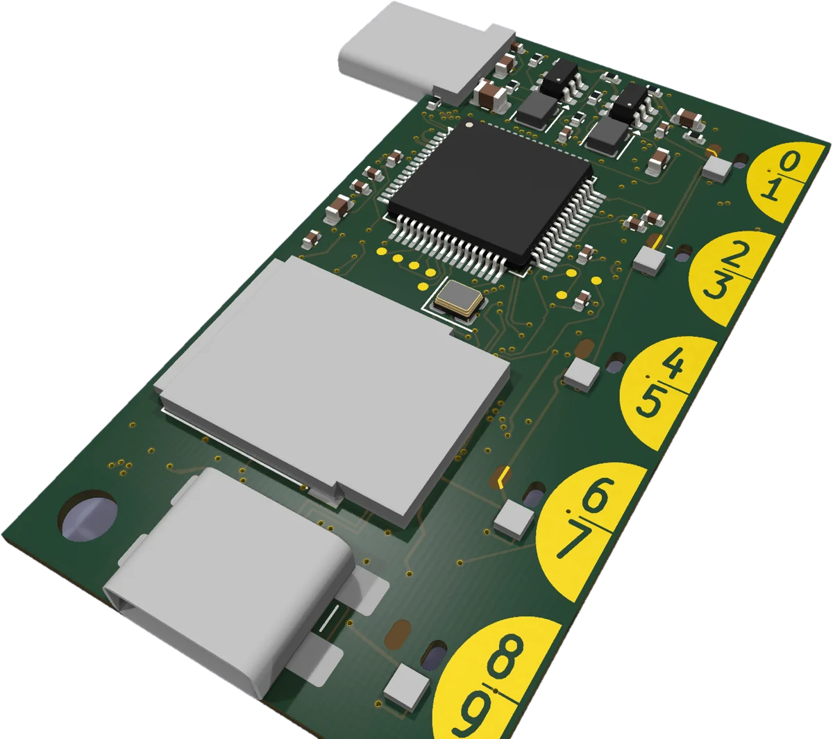 OnlyKey Edge prototype circuit board: USB-C plug at one end, USB-C accessory port at the other, five numbered touch buttons along one edge
